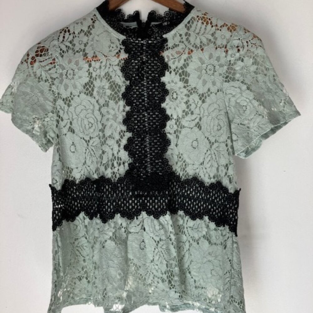 EUC Zara size XS pale green and black lace blouse